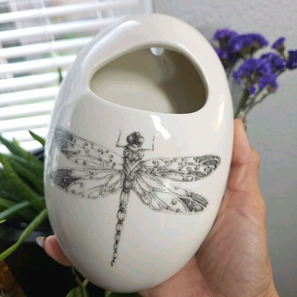 Vtg Wall Pocket Hanging Cream Ceramic Vase Container by Daphne Dragonfly Insect - Picture 1 of 12